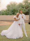 Elegant Short Sleeves White Long Wedding Dress With Lace Appliques