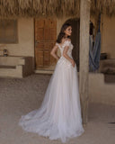 Elegant Short Sleves Tulle Lace A-line Simple Wedding Dress