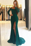 Elegant Side-Slit Lace Off-the-Shoulder Long-Sleeves Green Prom Dresses