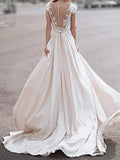 Elegant Sleeveless Deep V Neck Ruffles Wedding Dresses With Lace