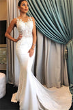 Elegant Sleeveless Mermaid Sheer Wedding Dresses |  Lace Sweep Train Bridal Gowns