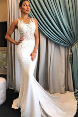 Elegant Sleeveless Mermaid Sheer Wedding Dresses | Lace Sweep Train Bridal Gowns