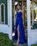 Elegant Spaghetti Straps Stretch Satin Long Evening Maxi Dress with Side Slit