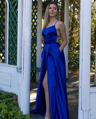 Elegant Spaghetti Straps Stretch Satin Long Evening Maxi Dress with Side Slit