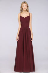 Elegant Spaghetti-Straps Sweetheart Sleeveless Bridesmaid Dress Ruffles Chiffon