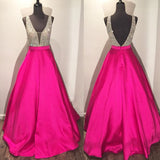 Elegant Sparkly Beads Top A-line Evening Dress Open Back Stretch Satin Prom Gown