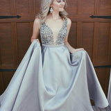 Elegant Sparkly Beads Top A-line Evening Dress Open Back Stretch Satin Prom Gown