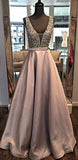 Elegant Sparkly Beads Top A-line Evening Dress Open Back Stretch Satin Prom Gown