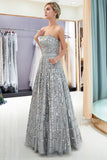 Elegant Strapless A-Line Long Evening Dresses | Sequins Floor Length Evening Gowns Online