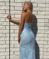 Elegant Strapless Appliques Sky Blue High-Split Mermaid Prom Dresses