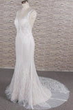 Elegant Straps A-line Lace Wedding Dress | White Mermaid V-neck Bridal Gowns