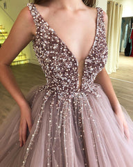 Elegant Straps Sleeveless Ball Gown Evening Dress | Floor-Length Beading Tulle Prom Dresses