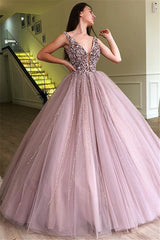 Elegant Straps Sleeveless Ball Gown Evening Dress | Floor-Length Beading Tulle Prom Dresses