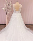 Elegant Tulle Lace V Neck Sleeveless Zipper A-Line Wedding Dresses