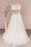 Elegant Tulle Lace V Neck Sleeveless Zipper A-Line Wedding Dresses