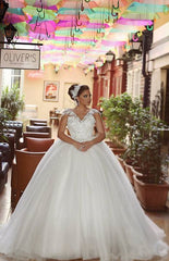 Elegant V-Neck Lace Ball Gown Wedding Dress New Arrival Sweep Train Tulle Princess Dress