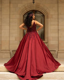 Elegant V-Neck Satin Lace Burgundy Wedding Dress On Sale