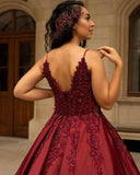 Elegant V-Neck Satin Lace Burgundy Wedding Dress On Sale