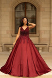 Elegant V-Neck Satin Lace Burgundy Wedding Dress On Sale