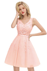 Elegant V-Neck Sleeveless Short Prom Dress | Mini Homecoming Dress With Lace Appliques