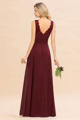 Elegant V-Neck aline Bridesmaid Dress Burgundy Backless Chiffon Party Dress