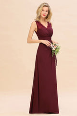 Elegant V-Neck aline Bridesmaid Dress Burgundy Backless Chiffon Party Dress