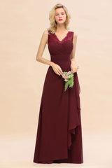 Elegant V-Neck aline Bridesmaid Dress Burgundy Backless Chiffon Party Dress