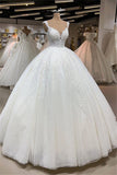 Elegant V-neck Appliques Ball Gown Wedding Dresses | Shimmery Sleeveless Bridal Gowns