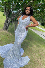 Elegant V-neck Sleeveless Mermaid Prom Dress With Applique