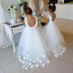 Elegant White Open Back Flower Girl Dresses | Sleeveless Flowers Tulle Pageant Dress