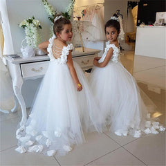 Elegant White Open Back Flower Girl Dresses | Sleeveless Flowers Tulle Pageant Dress