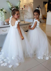 Elegant White Open Back Flower Girl Dresses | Sleeveless Flowers Tulle Pageant Dress