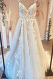 Elegant White V Neck Spaghetti Straps A-Line Wedding Dresses With Lace