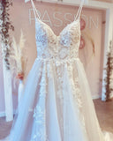 Elegant White V Neck Spaghetti Straps A-Line Wedding Dresses With Lace