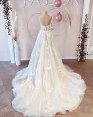 Elegant White V Neck Spaghetti Straps A-Line Wedding Dresses With Lace