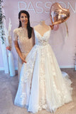 Elegant White V Neck Spaghetti Straps A-Line Wedding Dresses With Lace