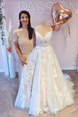 Elegant White V Neck Spaghetti Straps A-Line Wedding Dresses With Lace
