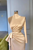 Elegant high neck long sleeves column satin Prom Dresses split front