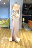 Elegant high neck long sleeves column satin Prom Dresses split front