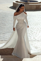 Elegant one shoulder long sleeves mermaid satin Bridal Dress with ruffles