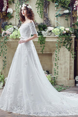 Elegent Half Sleeve Lace Wedding Dress A-Line Bowknot Lace Applique Bridal Gown CPS248