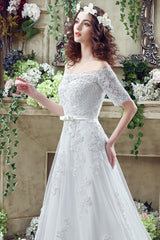 Elegent Half Sleeve Lace Wedding Dress A-Line Bowknot Lace Applique Bridal Gown CPS248