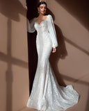 Empire Long Sleeves Sweetheart Tulle Lace Mermaid Wedding Dresses