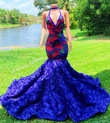 Exquisite Blue Appliques Halter V-neck Sleeveless Floor-length Mermaid Prom Dresses