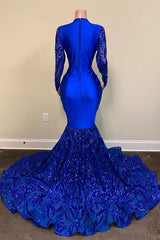 Exquisite Blue V-neck Sequins Long Sleeve Floor-length Mermaid Prom Dresses