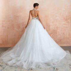 Exquisite Lace Halter Ball Gown White Wedding Dress with Open Back