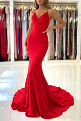 Exquisite Red Spaghetti Straps Sleeveless Mermaid Satin Prom Dresses