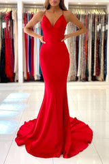 Exquisite Red Spaghetti Straps Sleeveless Mermaid Satin Prom Dresses