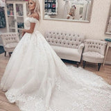 Eye-Catching Off The Shoulder Tulle Lace Ruffles Wedding Dresses Long