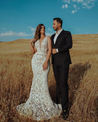 Eye-catching Ivory V Neck Lace See-Through Mermaid Wedding Dresses